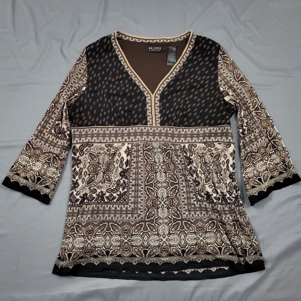 Axcess Liz Claiborne Womens XL Brown Paisley Mesh 3/4 Sleeve Tunic Top‎ Boho Y2K